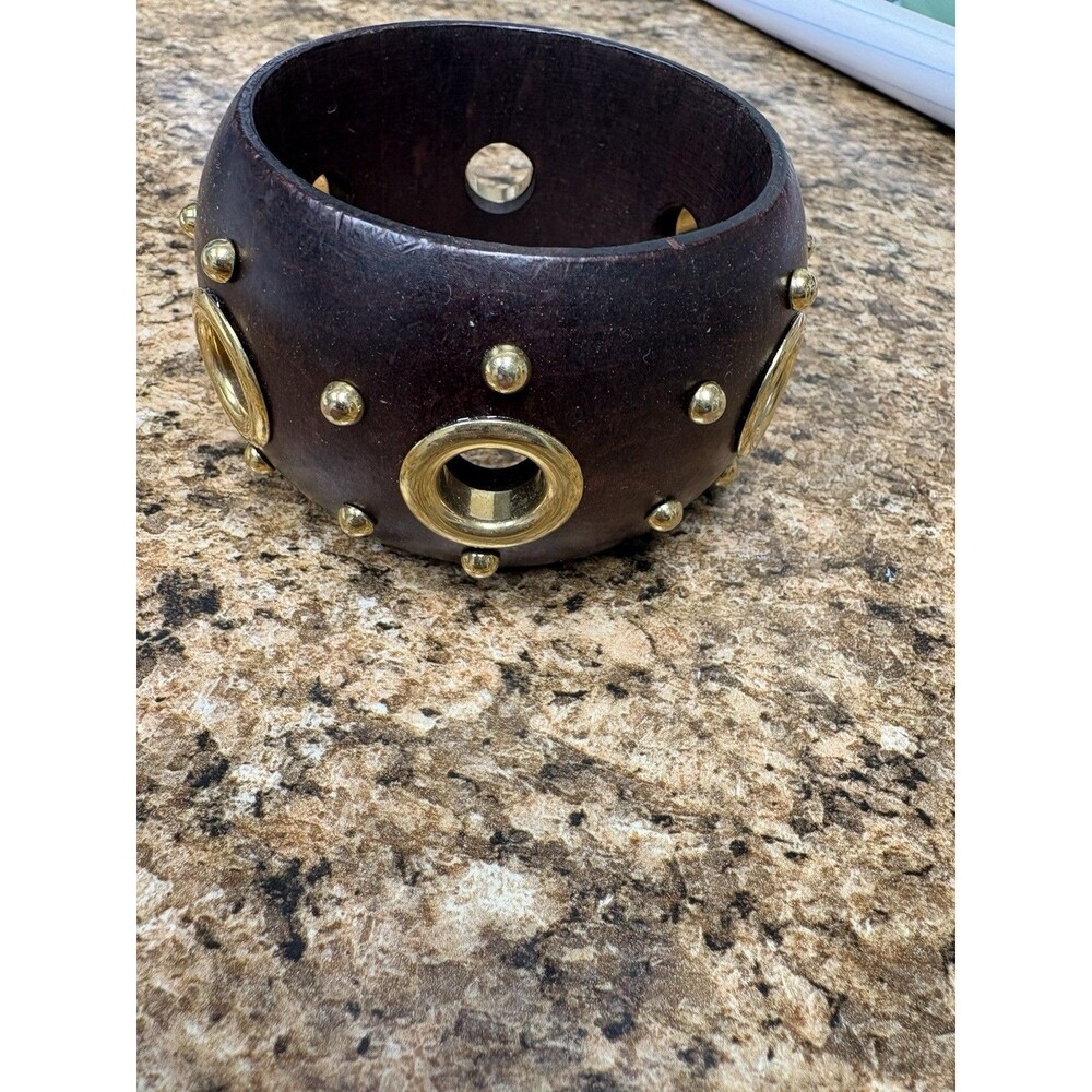 Handcrafted Wood & Brass Studded Bangle Bracelet 7” Boho Tribal Wide Cuff